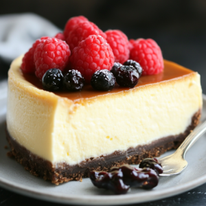 Creamy Philadelphia cheesecake topped with fresh berries and caramel drizzle