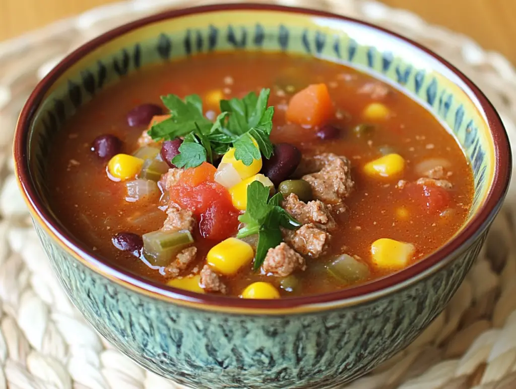 Bowl of Weight Watchers taco soup with lean meat, beans, and vegetables, topped with fresh cilantro and low-fat toppings.