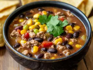 weight watchers taco soup 4 Bowl of Weight Watchers taco soup with lean meat, beans, and vegetables, topped with fresh cilantro and low-fat toppings.