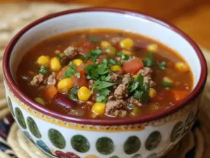 weight watchers taco soup 3 Bowl of Weight Watchers taco soup with lean meat, beans, and vegetables, topped with fresh cilantro and low-fat toppings.