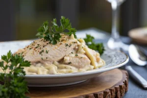 Close-up of creamy Chicken Alfredo sauce with pasta, showing the rich and smooth texture of the sauce made with butter, cream, and Parmesan.