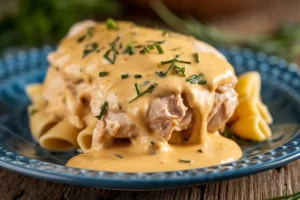 Close-up of creamy Chicken Alfredo sauce with pasta, showing the rich and smooth texture of the sauce made with butter, cream, and Parmesan.