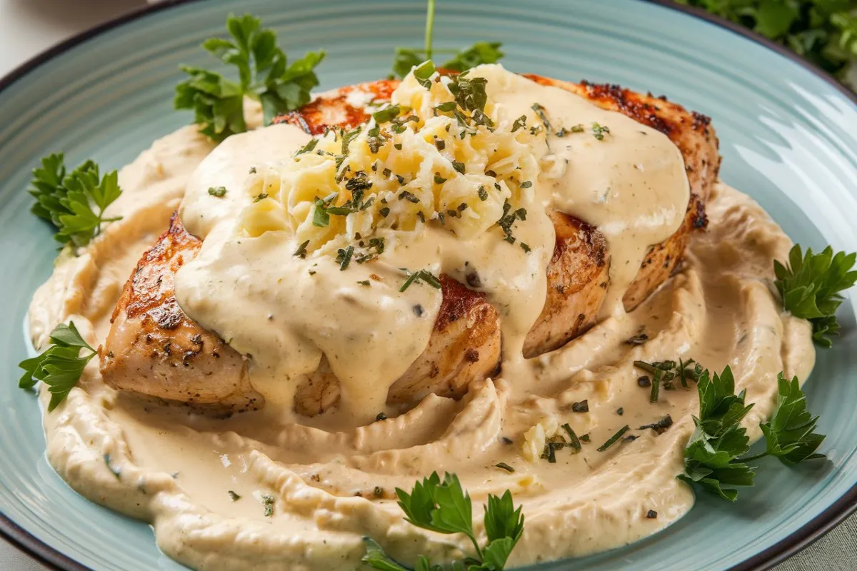 Close-up of creamy Chicken Alfredo sauce with pasta, showing the rich and smooth texture of the sauce made with butter, cream, and Parmesan.