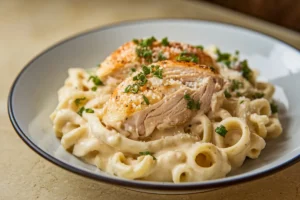 Close-up of creamy Chicken Alfredo sauce with pasta, showing the rich and smooth texture of the sauce made with butter, cream, and Parmesan.