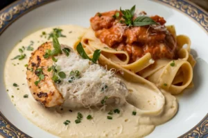 A bowl of creamy Chicken Alfredo pasta served with fettuccine, garnished with parsley and Parmesan cheese.