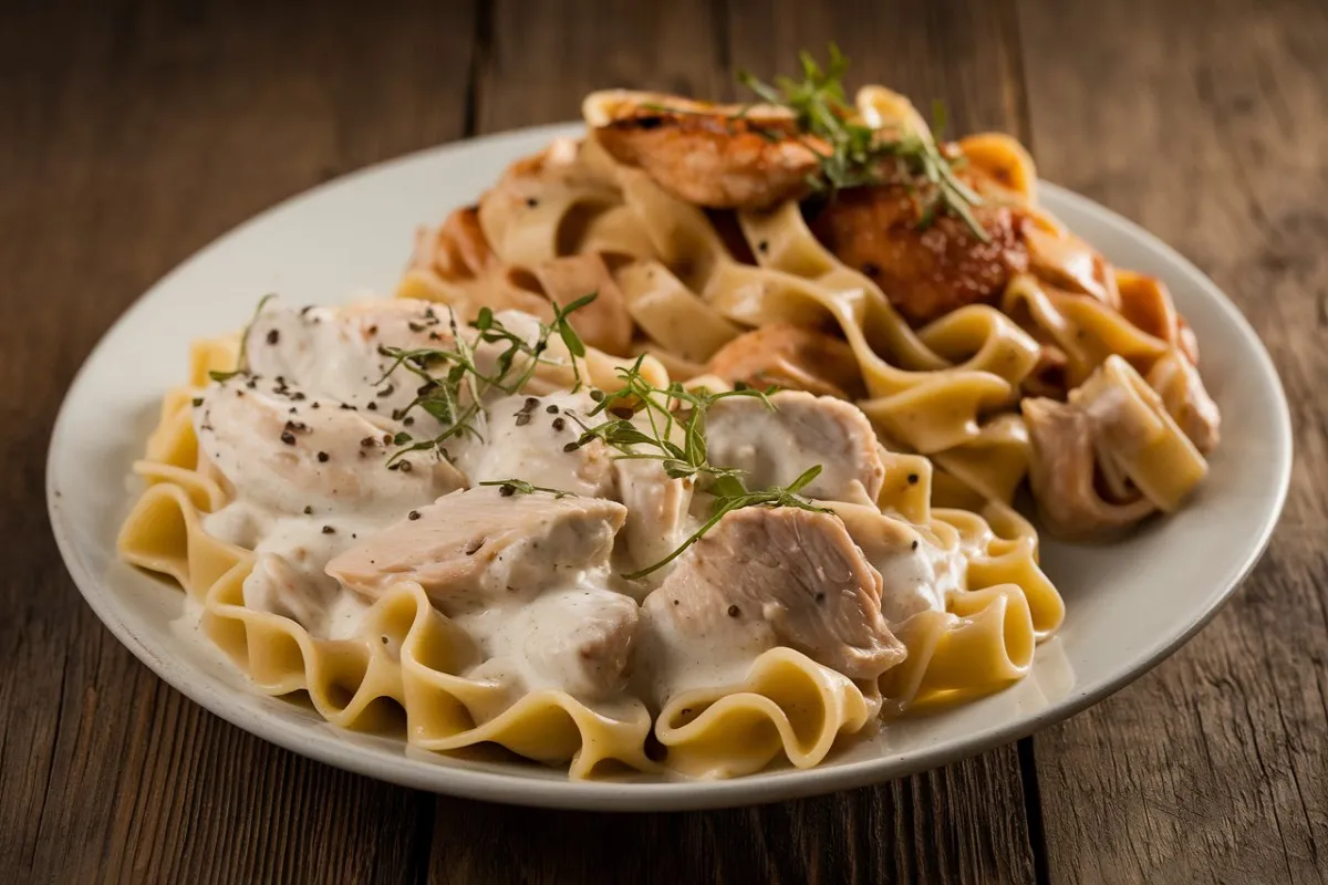 A bowl of creamy Chicken Alfredo pasta served with fettuccine, garnished with parsley and Parmesan cheese.