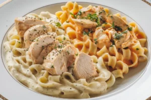 A bowl of creamy Chicken Alfredo pasta served with fettuccine, garnished with parsley and Parmesan cheese.