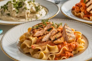 A bowl of creamy Chicken Alfredo pasta served with fettuccine, garnished with parsley and Parmesan cheese.