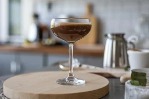 A perfectly crafted espresso martini in a chilled glass garnished with three coffee beans, symbolizing the classic coffee cocktail.