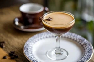 A perfectly crafted espresso martini in a chilled glass garnished with three coffee beans, symbolizing the classic coffee cocktail.