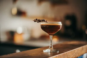 A perfectly crafted espresso martini in a chilled glass garnished with three coffee beans, symbolizing the classic coffee cocktail.