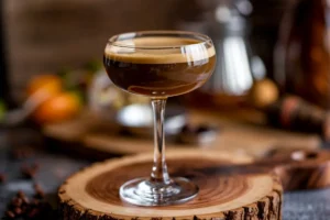 "A close-up of a freshly made Espresso Martini in a chilled glass, garnished with three coffee beans."