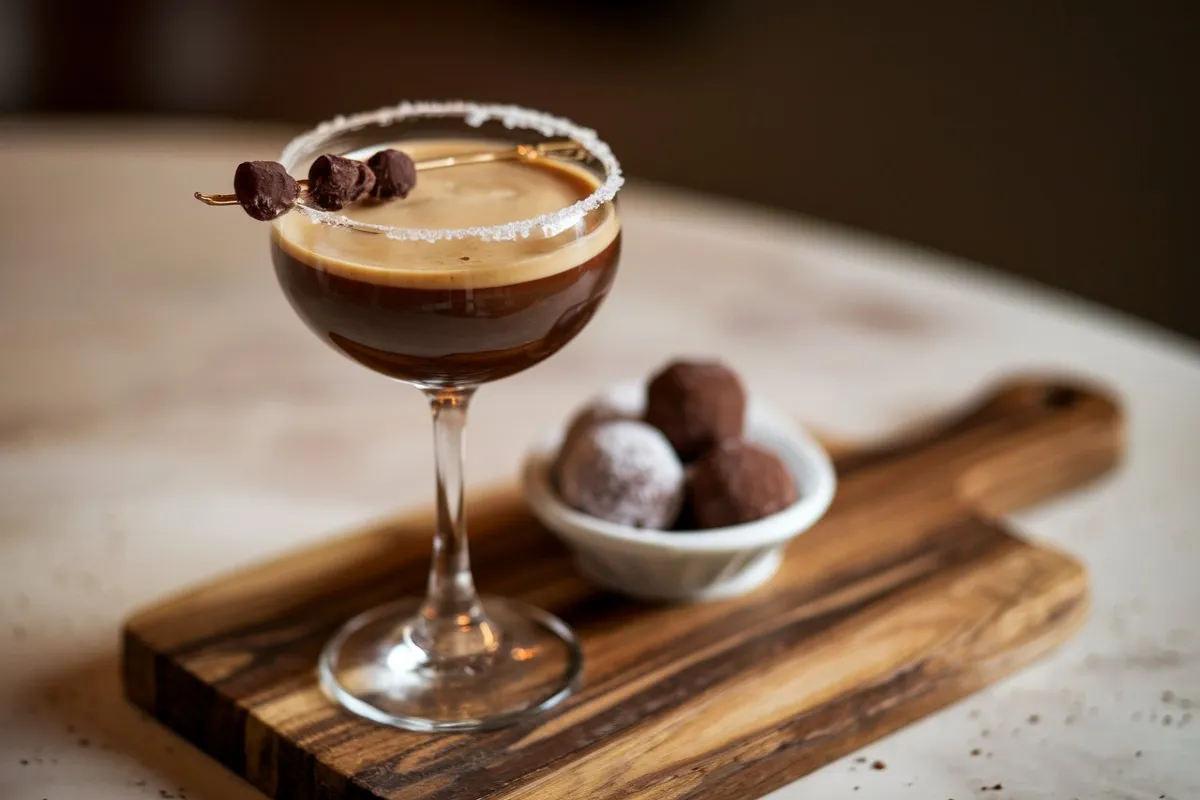 "A close-up of a freshly made Espresso Martini in a chilled glass, garnished with three coffee beans."