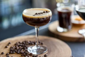 An espresso martini in a glass garnished with coffee beans, showcasing the rich, dark color and creamy froth on top.