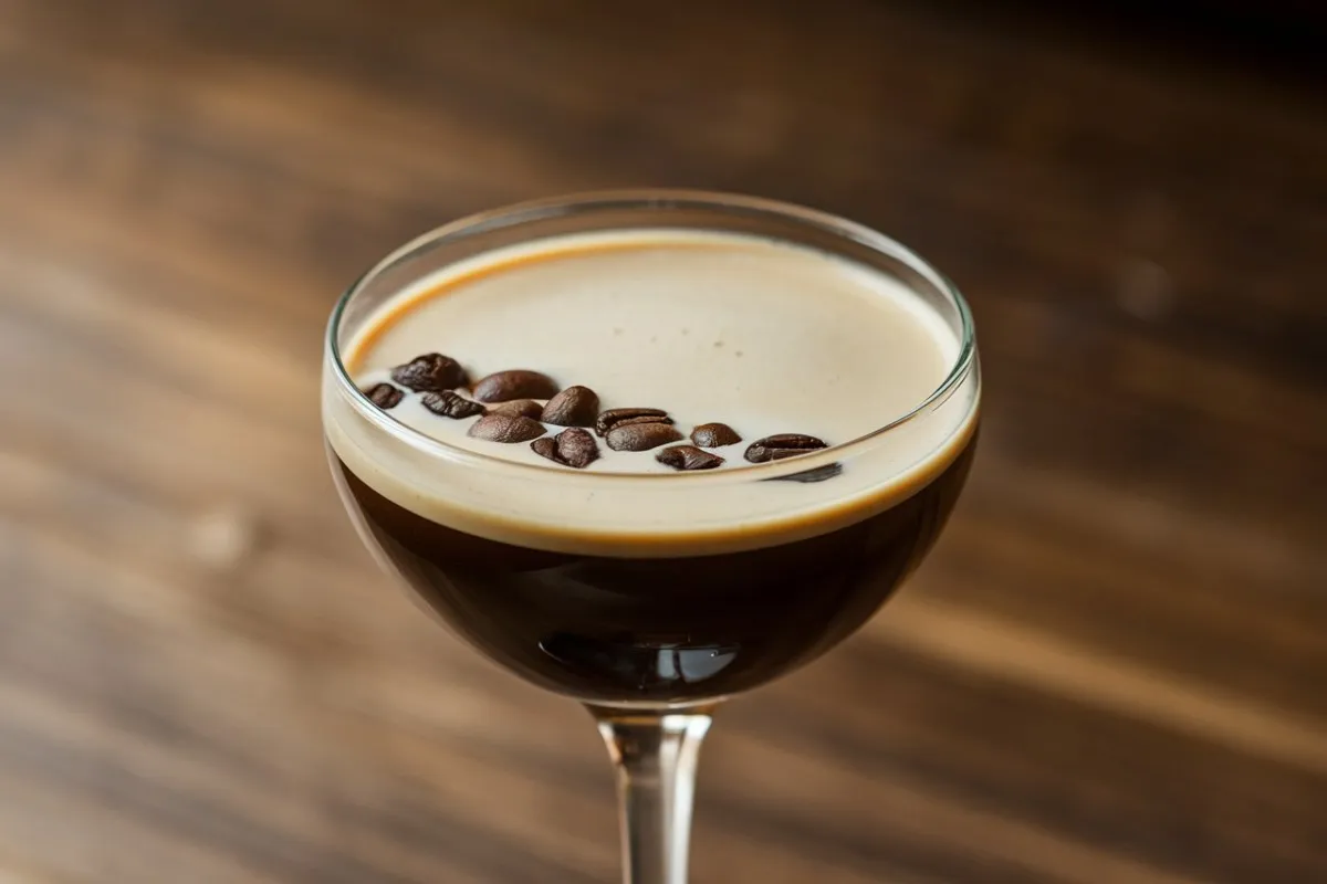 An espresso martini in a glass garnished with coffee beans, showcasing the rich, dark color and creamy froth on top.