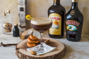 Espresso Martini cocktail with Kahlúa and Baileys bottles on a wooden table.