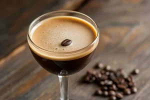 A perfectly crafted Espresso Martini with a frothy top, garnished with three coffee beans and served in a classic coupe glass.