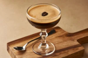 A perfectly crafted Espresso Martini with a frothy top, garnished with three coffee beans and served in a classic coupe glass.