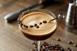 A perfectly crafted Espresso Martini with a frothy top, garnished with three coffee beans and served in a classic coupe glass.