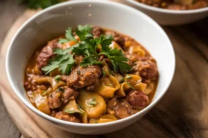 Traditional Hungarian goulash with beef and vegetables in a bowl, rich with paprika and served with fresh bread.