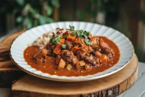 Traditional Hungarian goulash with beef and vegetables in a bowl, rich with paprika and served with fresh bread.