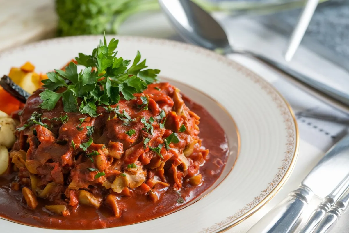 Traditional Hungarian goulash with beef and vegetables in a bowl, rich with paprika and served with fresh bread.