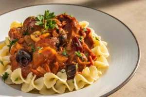 Traditional Hungarian goulash with beef and vegetables in a bowl, rich with paprika and served with fresh bread.