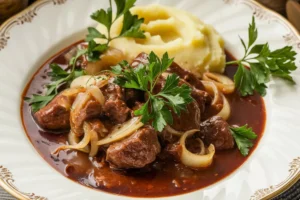 Authentic Hungarian goulash with beef, vegetables, and paprika, served in a rustic bowl