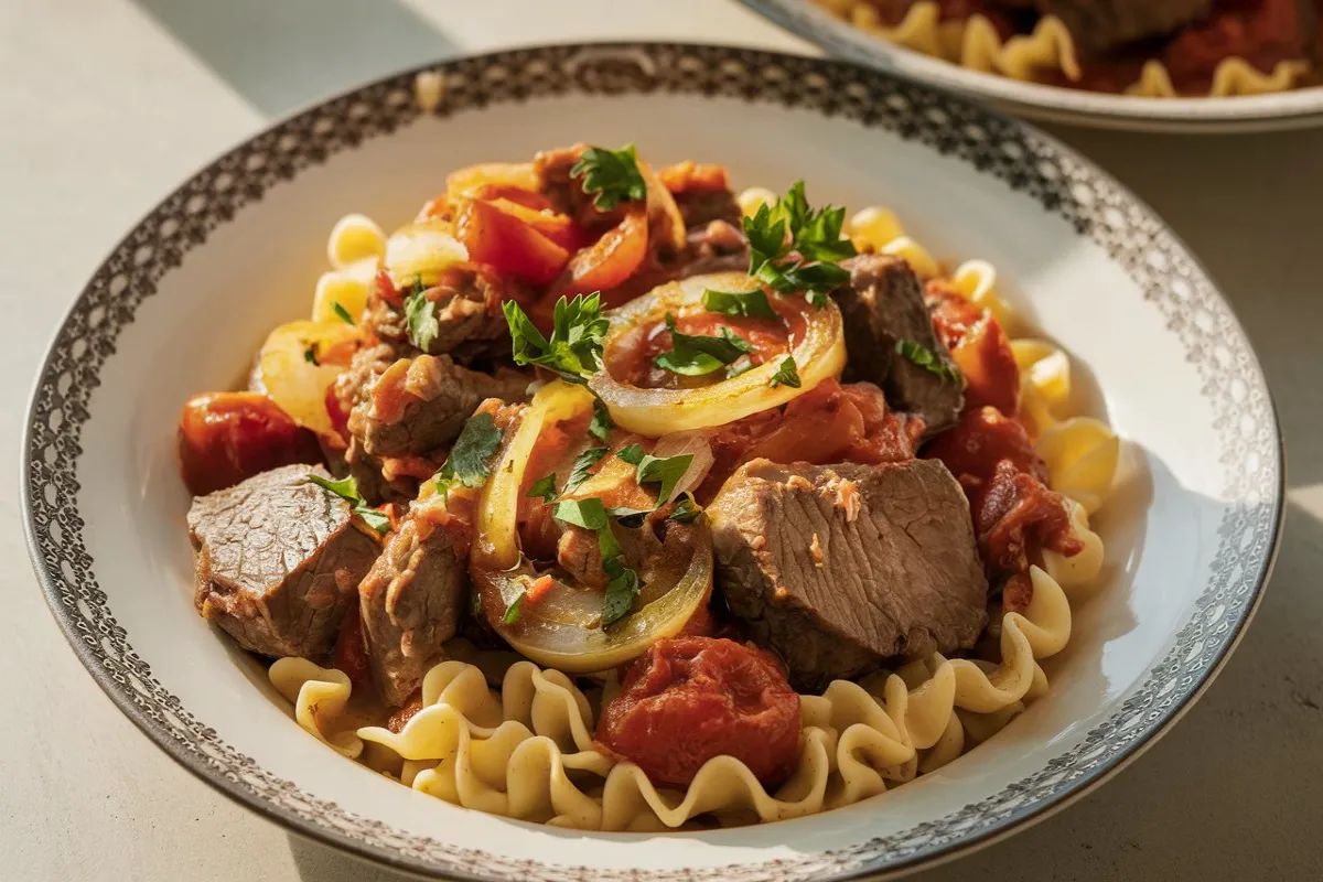 Authentic Hungarian goulash with beef, vegetables, and paprika, served in a rustic bowl