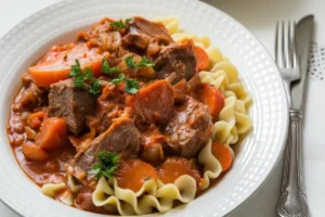 Authentic Hungarian goulash with beef, vegetables, and paprika, served in a rustic bowl