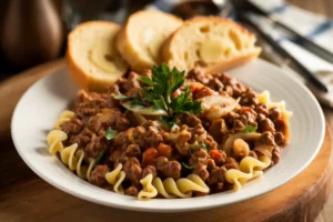 A bowl of traditional Hungarian goulash with chunks of beef, paprika, and vegetables next to a plate of American goulash with macaroni and ground beef.