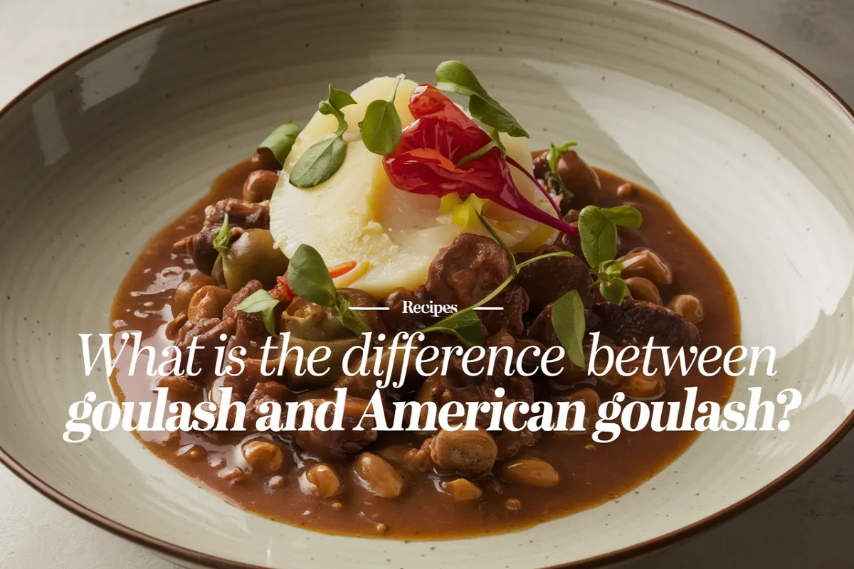 A bowl of traditional Hungarian goulash with chunks of beef, paprika, and vegetables next to a plate of American goulash with macaroni and ground beef.