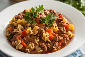 A bowl of traditional Hungarian goulash with chunks of beef, paprika, and vegetables next to a plate of American goulash with macaroni and ground beef.