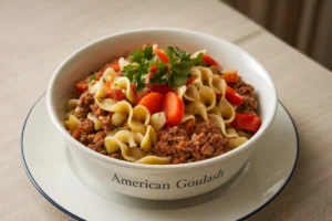 A bowl of traditional Hungarian goulash with chunks of beef, paprika, and vegetables next to a plate of American goulash with macaroni and ground beef.