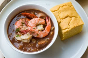 Authentic Creole and Cajun Gumbo served in a bowl with rice, garnished with green onions and accompanied by French bread