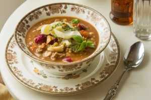 Authentic Creole and Cajun Gumbo served in a bowl with rice, garnished with green onions and accompanied by French bread