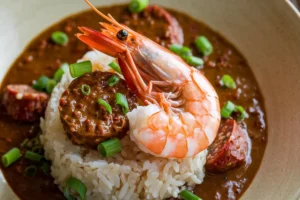 Authentic Creole and Cajun Gumbo served in a bowl with rice, garnished with green onions and accompanied by French bread