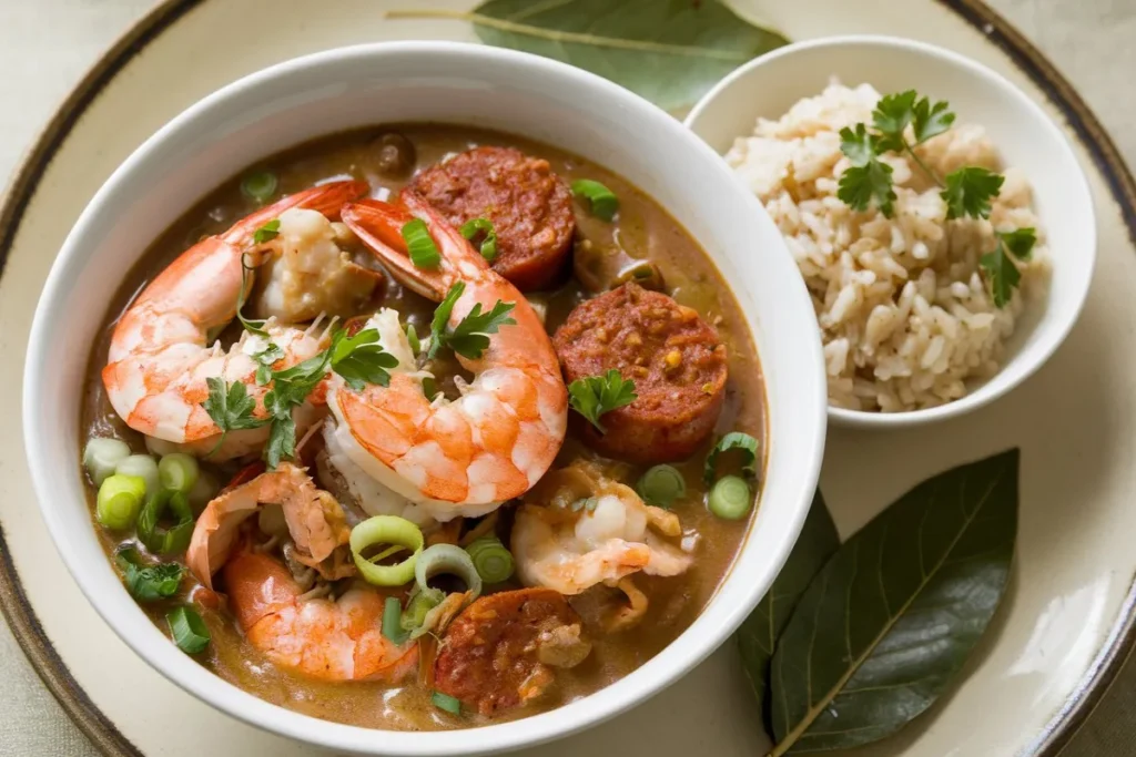 Authentic Creole and Cajun Gumbo served in a bowl with rice, garnished with green onions and accompanied by French bread