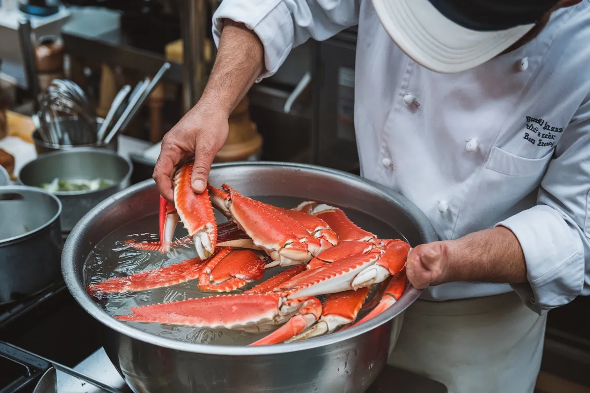 Plate of steamed crab legs served with lemon wedges and melted butter, illustrating the importance of thawing frozen crab legs for perfect cooking.