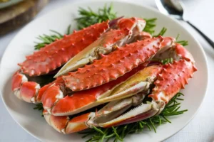 Plate of steamed crab legs served with lemon wedges and melted butter, illustrating the importance of thawing frozen crab legs for perfect cooking.