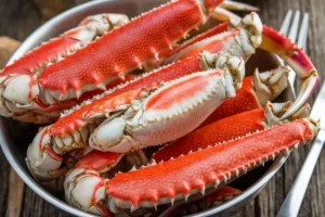 Plate of steamed crab legs served with lemon wedges and melted butter, illustrating the importance of thawing frozen crab legs for perfect cooking.