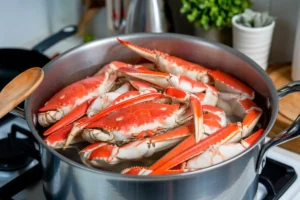 Steamed snow crab legs served with lemon wedges and melted butter