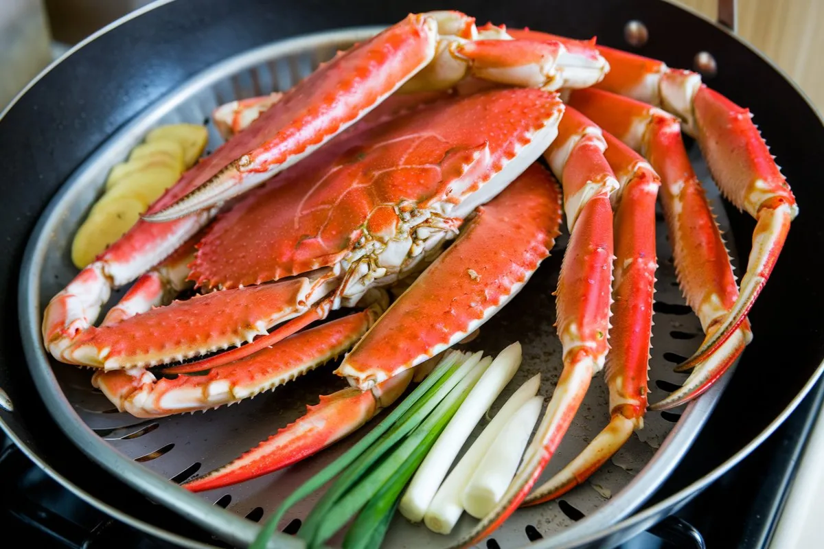 Steamed snow crab legs served with lemon wedges and melted butter