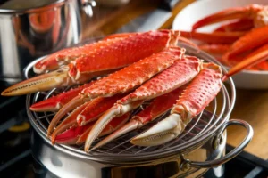 Steamed snow crab legs served with lemon wedges and melted butter