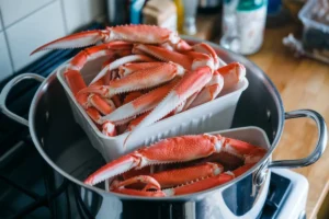 Steamed snow crab legs served with lemon wedges and melted butter