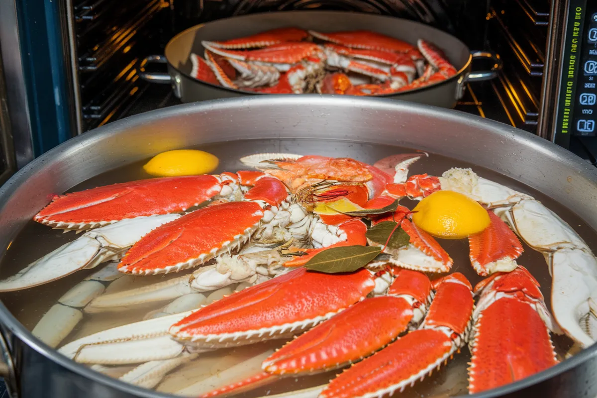 A comparison of boiled and baked snow crab legs on a plate, showcasing the difference in texture and flavor.