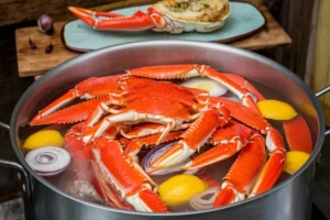 A comparison of boiled and baked snow crab legs on a plate, showcasing the difference in texture and flavor.