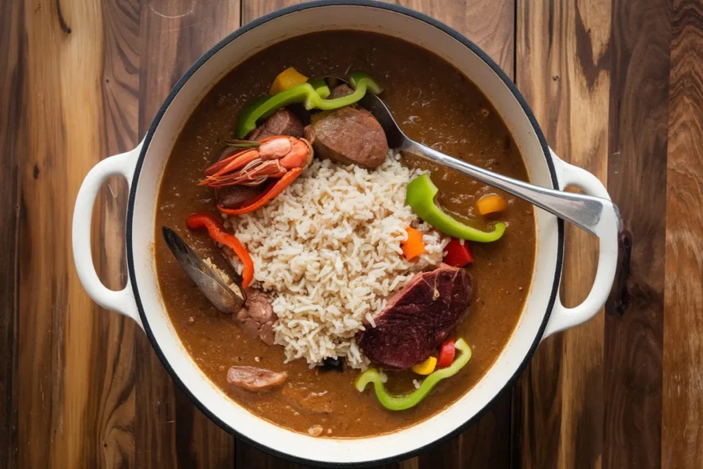 A bowl of traditional gumbo with chicken, sausage, shrimp, and okra, served over white rice, highlighting key ingredients.