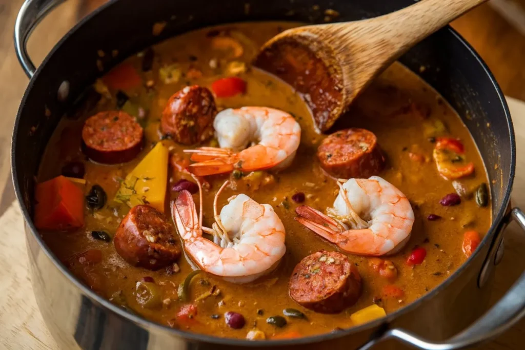 A bowl of homemade gumbo with shrimp, sausage, and vegetables served with white rice and garnished with fresh parsley.