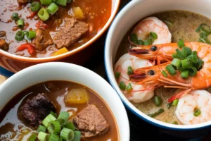 Bowl of Seafood Gumbo with shrimp and crab, garnished with green onions and served over rice